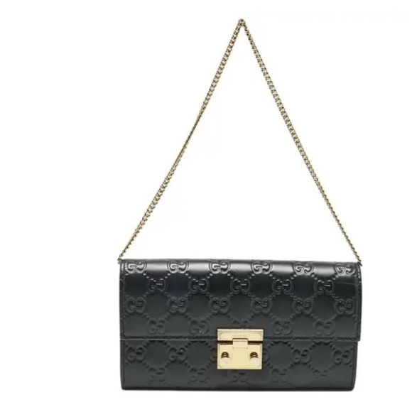Gucci- Guccissima Padlock Continental Chain Wallet Black - Picture 1 of 8